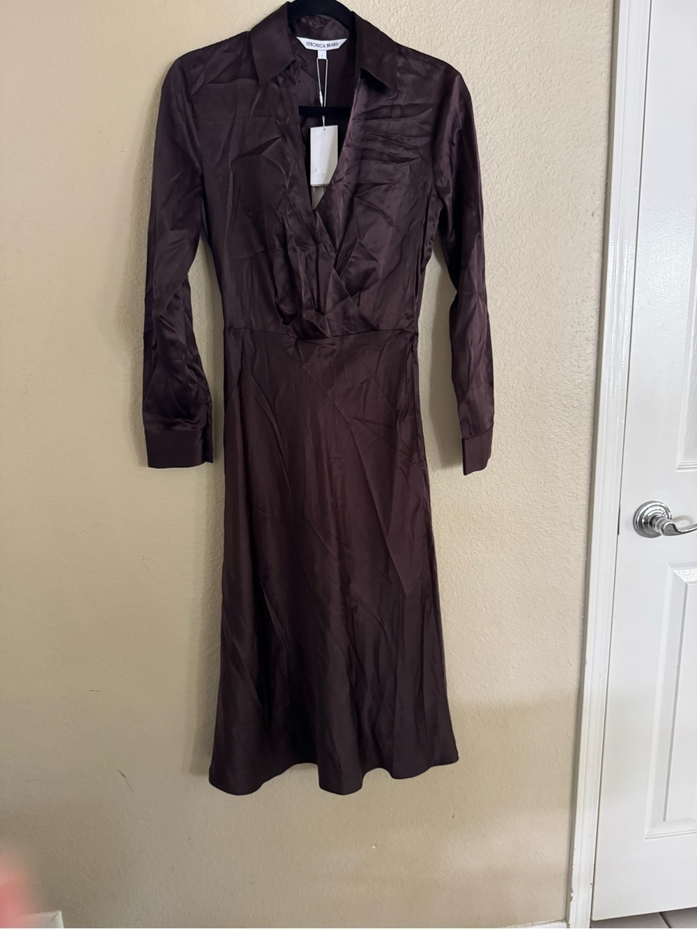 Veronica Beard Chocolate Brown Long-Sleeve Satin Dress